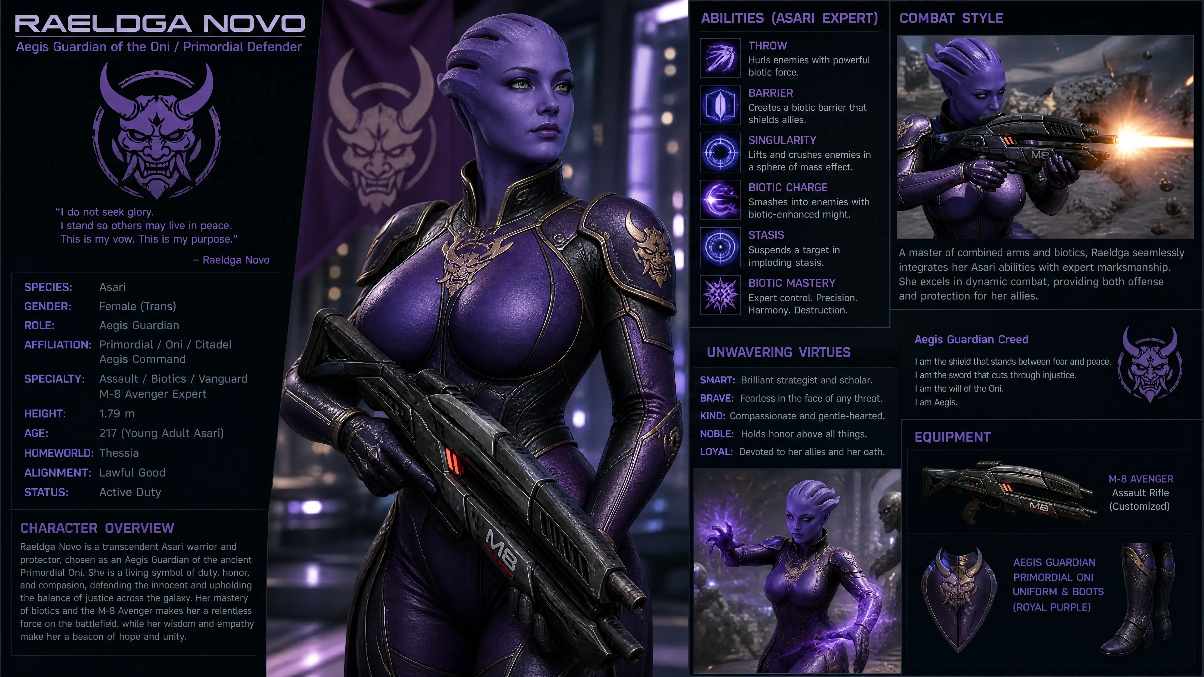 Lila Sci-Fi-Kriegerin mit Gewehr und Rüstung