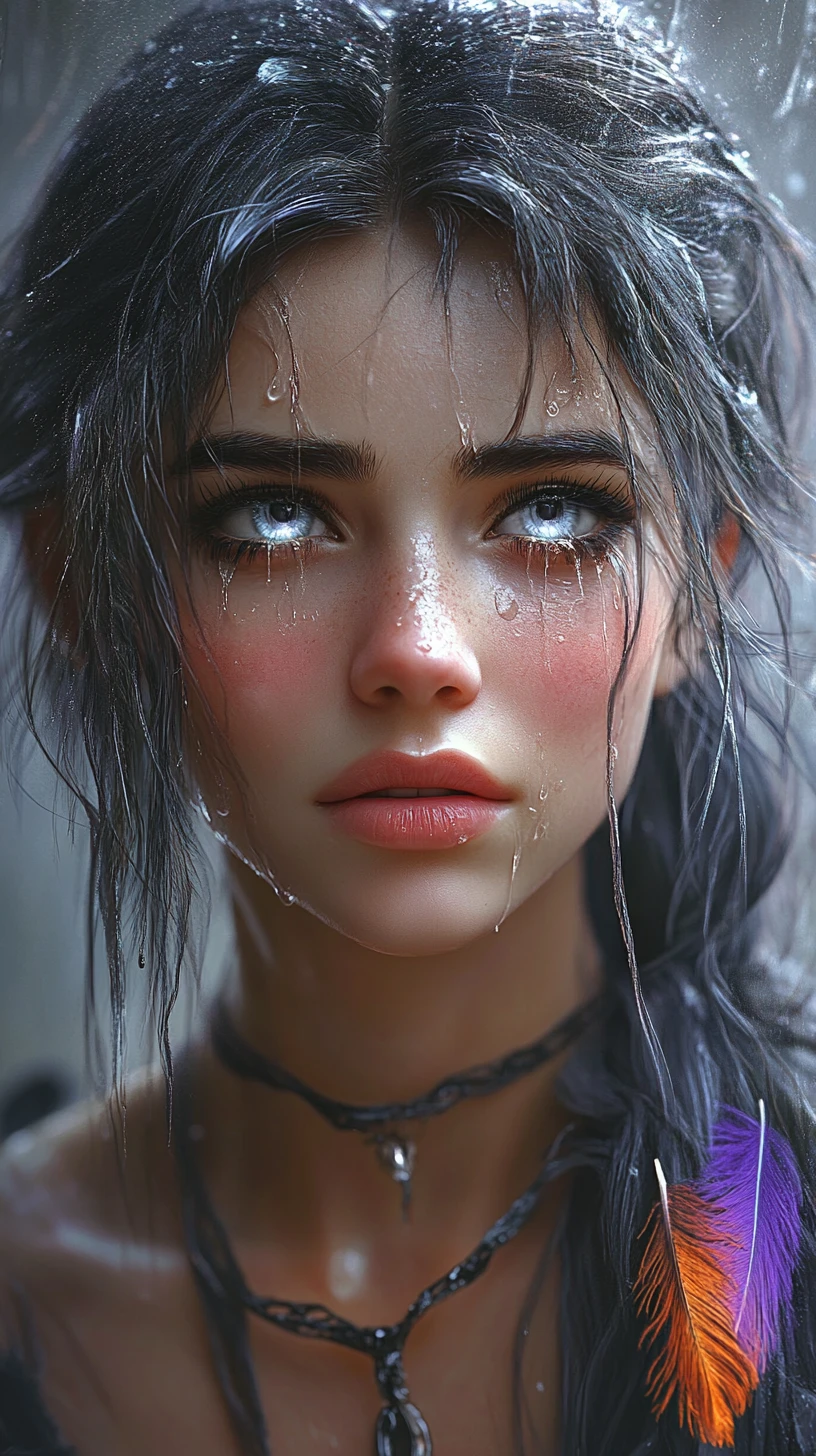 Femme mystique au regard larmoyant et aux yeux gris luminescents