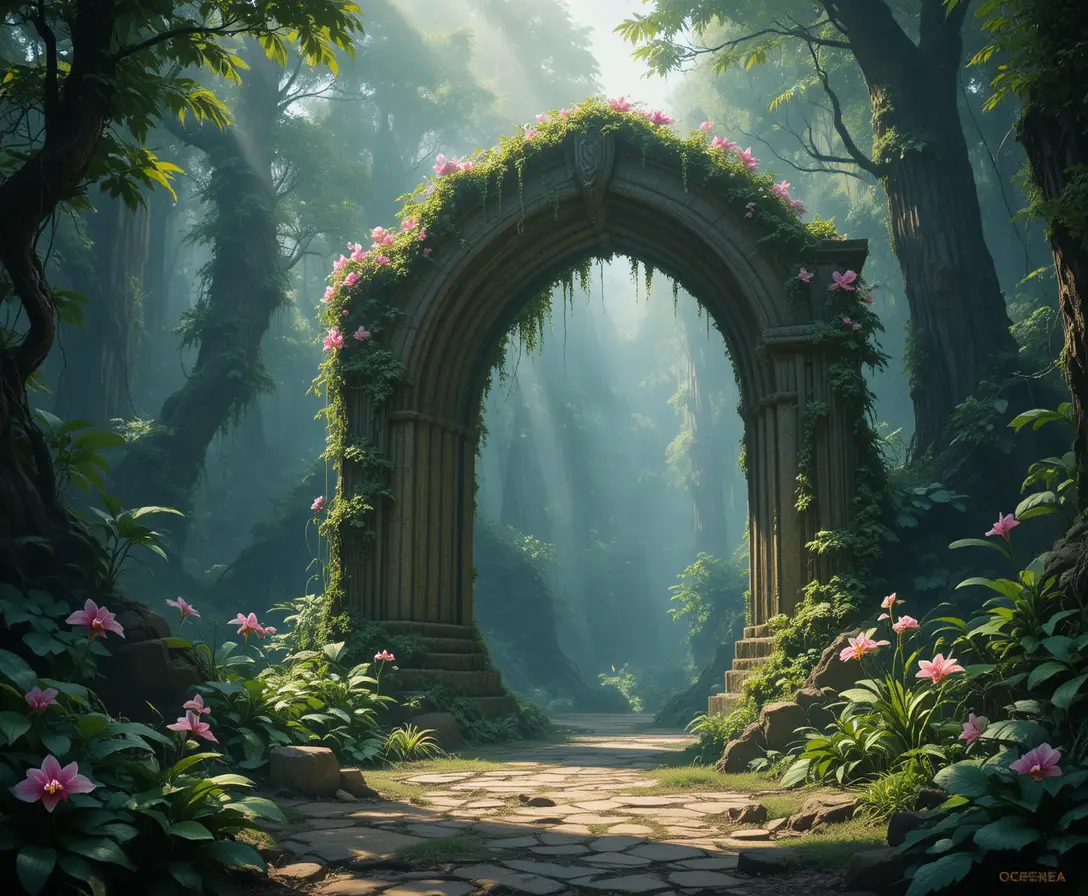 Antigo arco de pedra coberto de musgo em uma clareira de selva enevoada