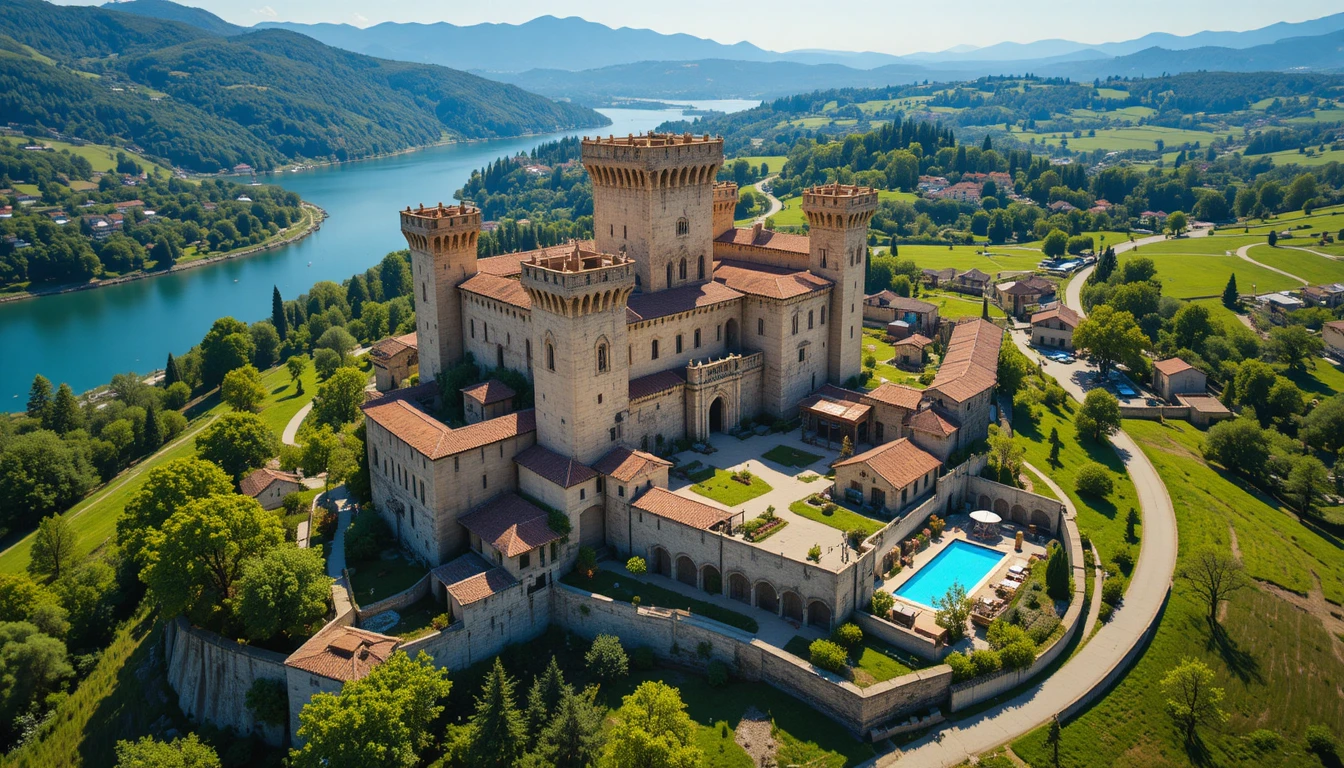 Vista aérea de um castelo medieval sobre rio e campos