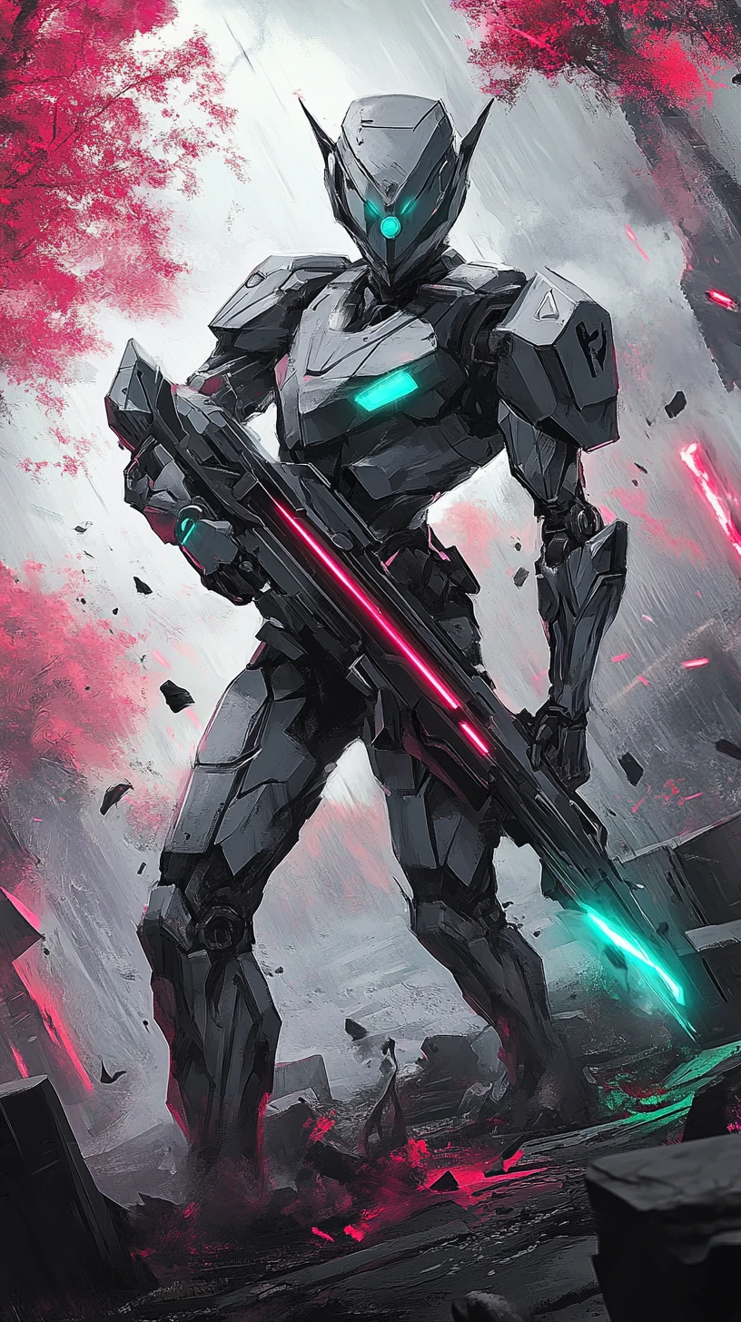 Futuristischer Kampfroboter, der über ein neonbeleuchtetes Schlachtfeld stürmt