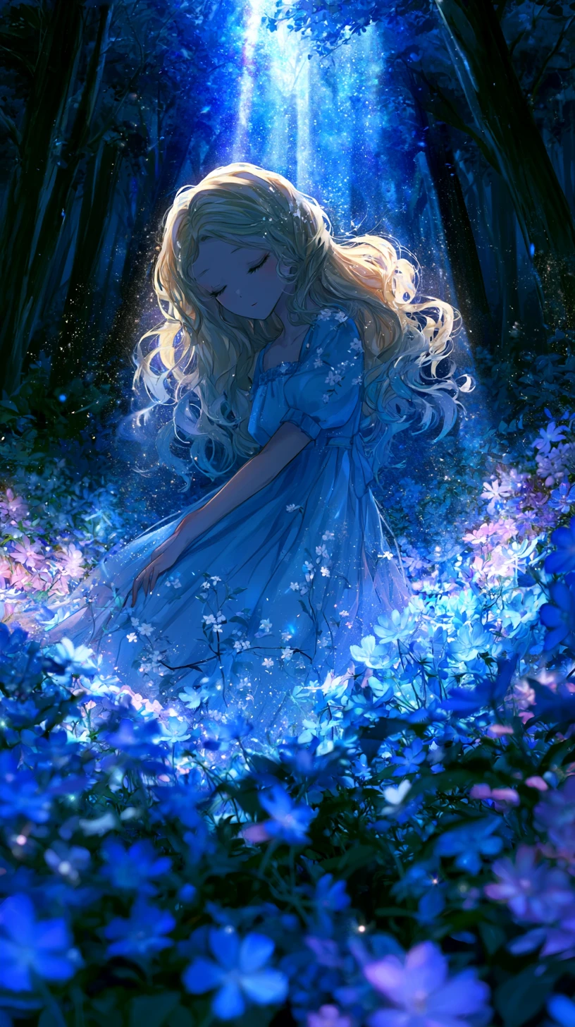 Anime-Mädchen, das durch eine mystische Waldlichtung geht