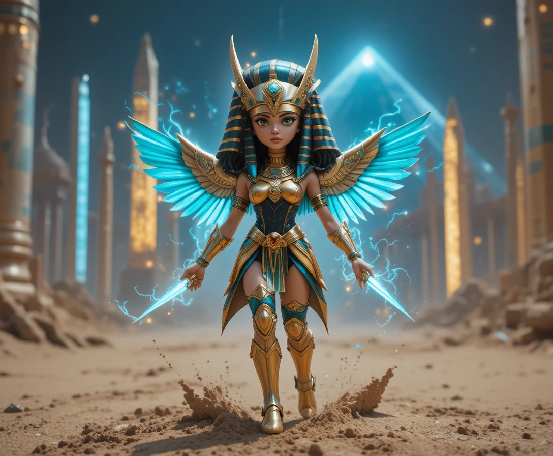 Héroïne de science‑fiction égyptienne en armure de scarabée au‑dessus d’un Caire futuriste