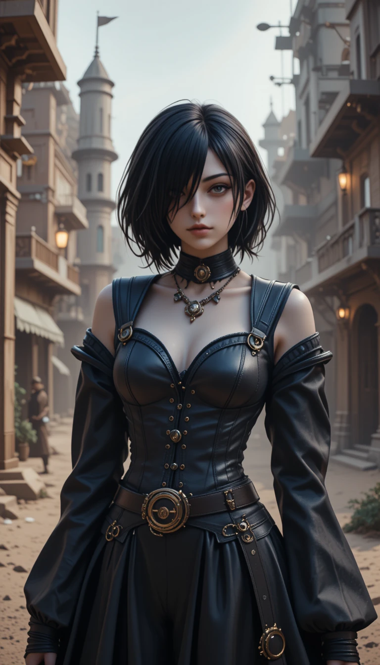 Jovem garota de roupa preta em uma cidade steampunk fantástica