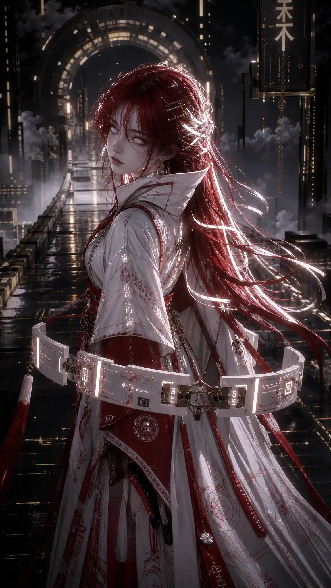 Donna anime su un sentiero cyberpunk luminoso in stile 3D