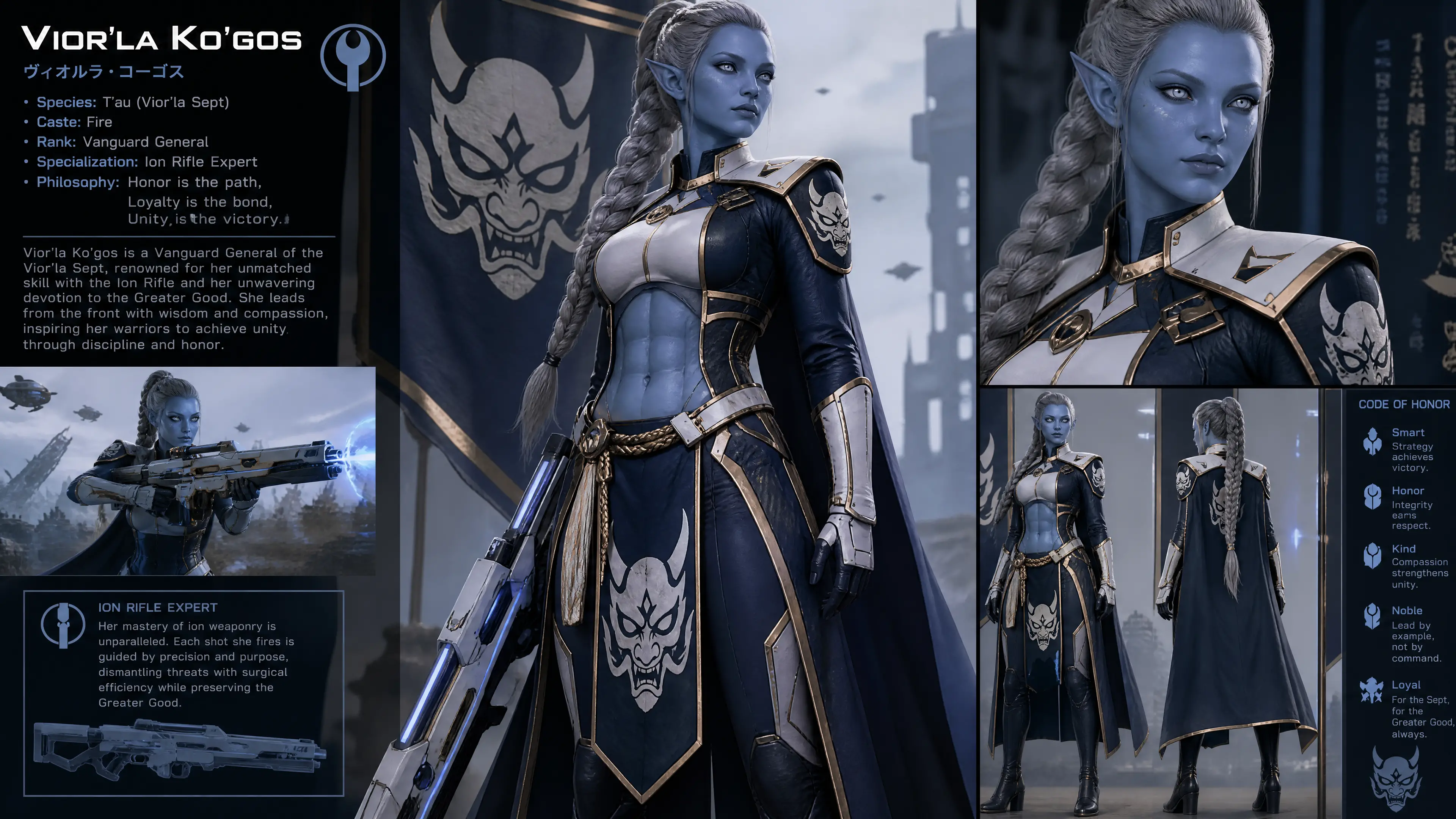 Blauhäutige Sci-Fi-Kriegerin in prunkvoller Uniform