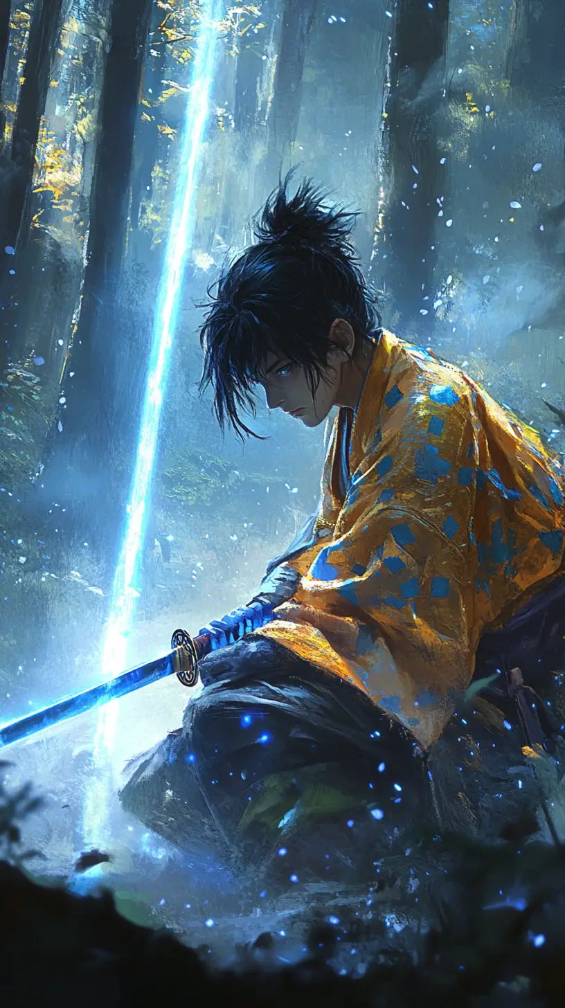 Jeune samouraï dégainant un katana lumineux dans une forêt brumeuse