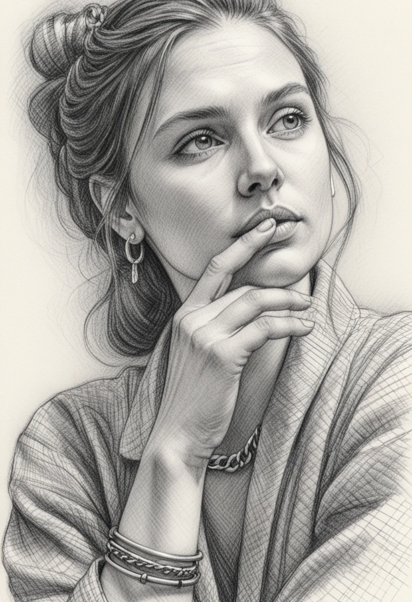 Pensive girl ink portrait with thoughtful hand gesture