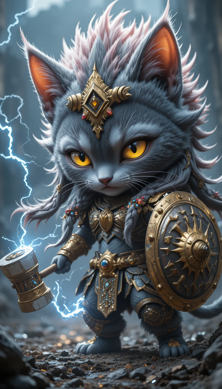 Féroce chat guerrier chibi avec marteau sur champ de bataille orageux
