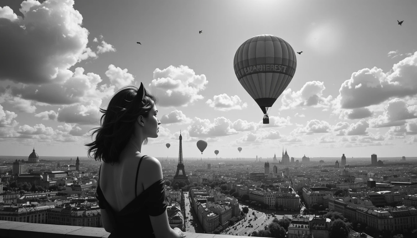 Gros plan d’une femme regardant une montgolfière au-dessus de Paris