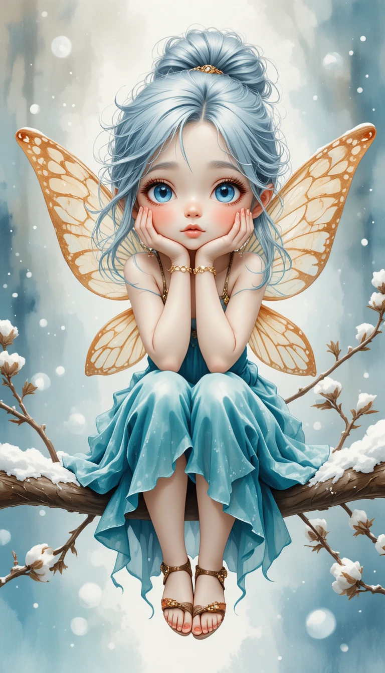 雪中樹枝上的夢幻冬日小精靈女孩