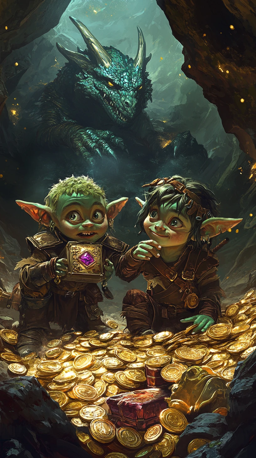 Crianças goblins esgueirando-se por um monte de tesouros