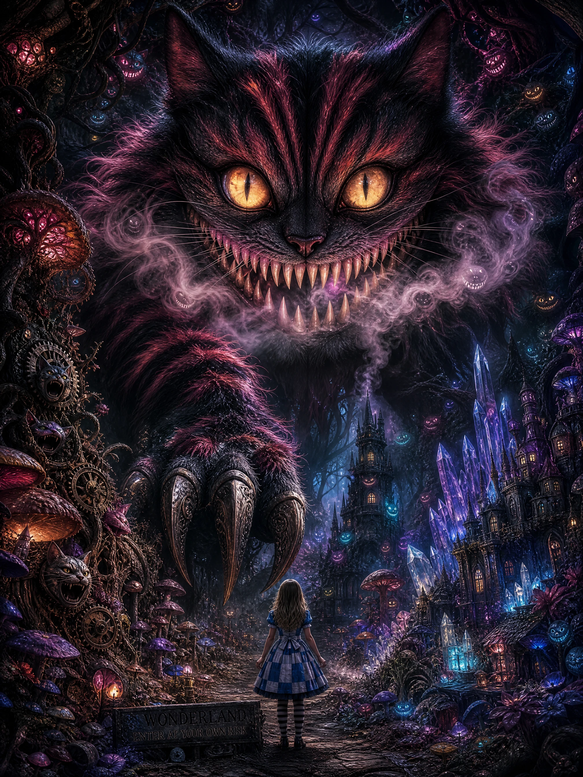 Chat du Cheshire Gigantesque Dominant un Sentier Forestier
