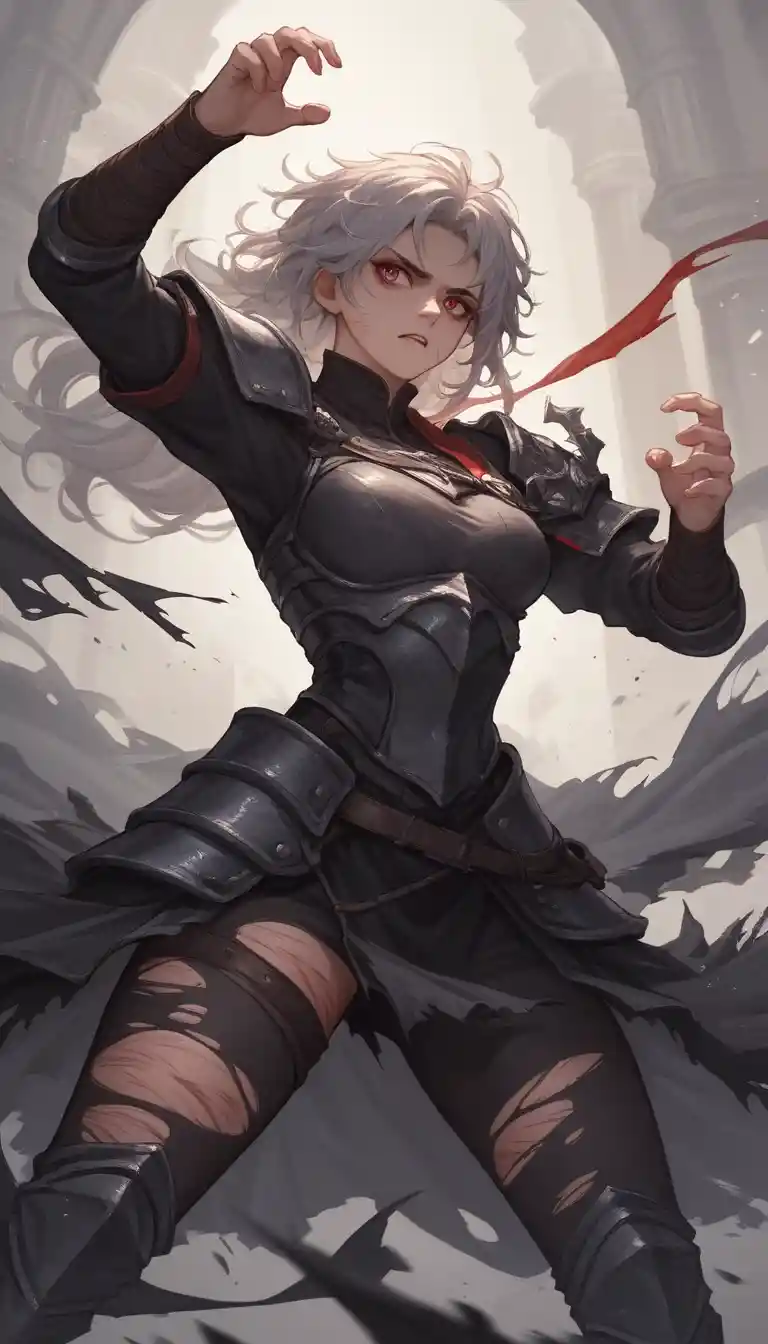 Scarred warrior woman fighting in a dim palace interior