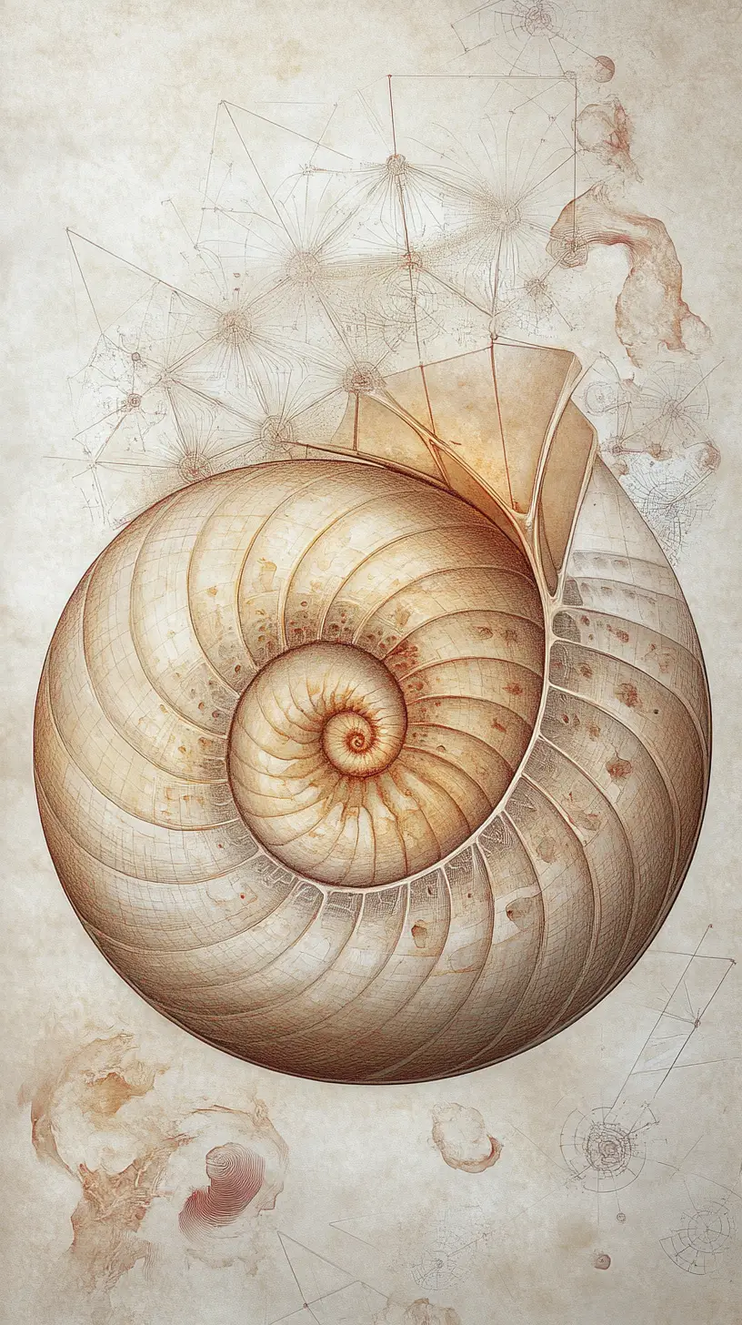 Nautilusmuschel, die sich in fraktale Galaxien und Geometrie verwandelt