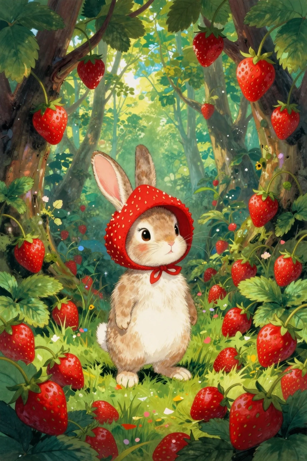 Coelho brincalhão com chapéu de morango em uma floresta iluminada