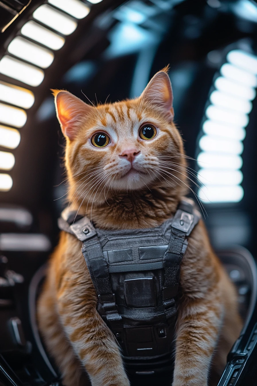 Gato atigrado naranja flotando sin peso dentro de una nave espacial