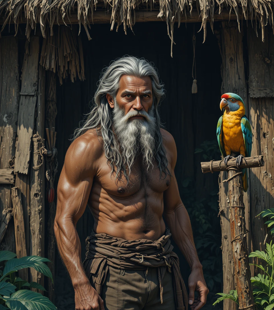 Vieux pirate devant une hutte dans un bosquet de cocotiers ombragé