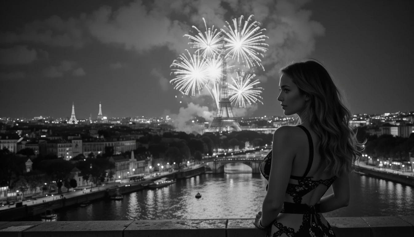 Nahaufnahme einer sinnlichen Frau, die Stadtfeuerwerk betrachtet