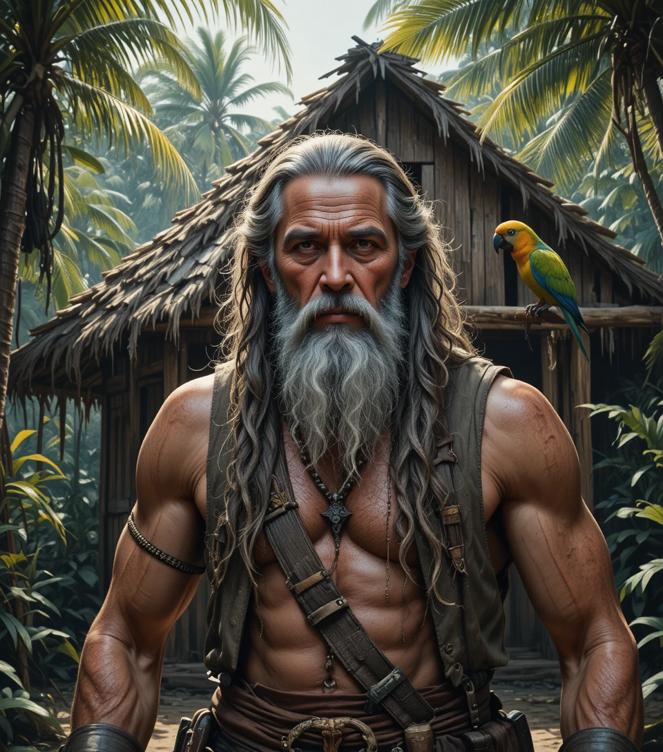 Vieux pirate devant une cabane dans un bosquet tropical ensoleillé