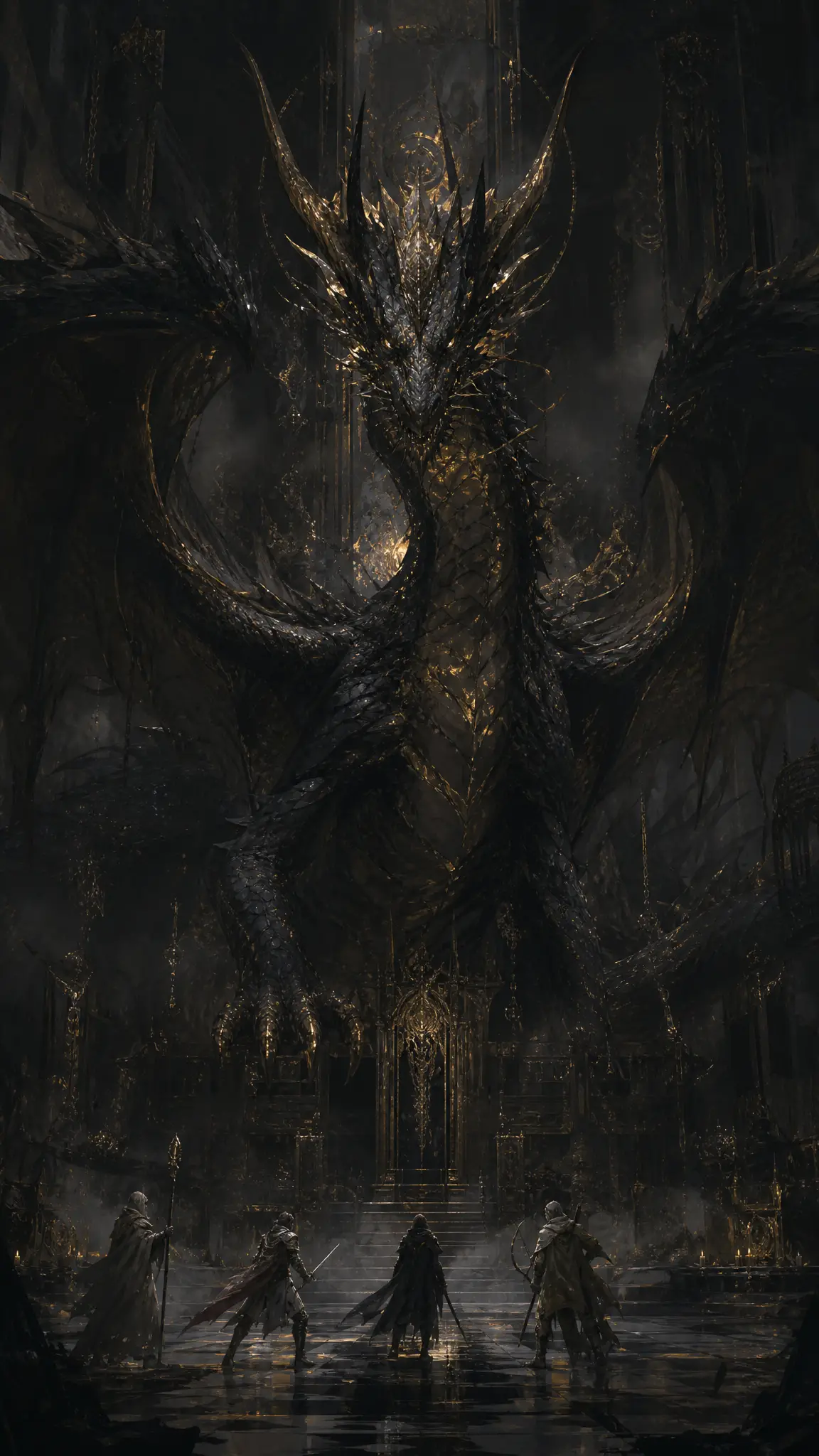 Schwarz-goldener Drache ragt über misstrauischen Abenteurern empor
