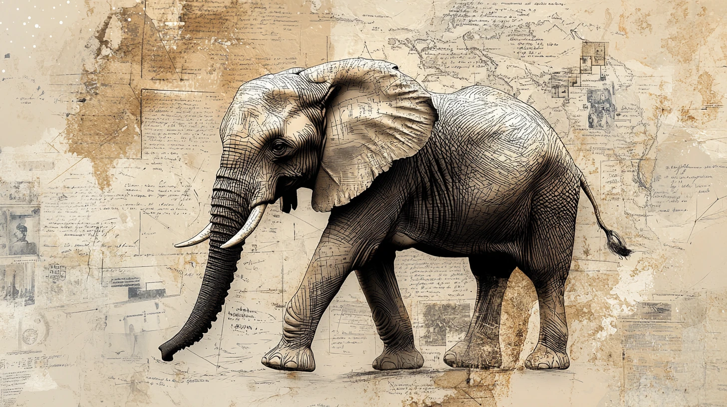 Antico elefante che cammina in un paesaggio astratto surreale