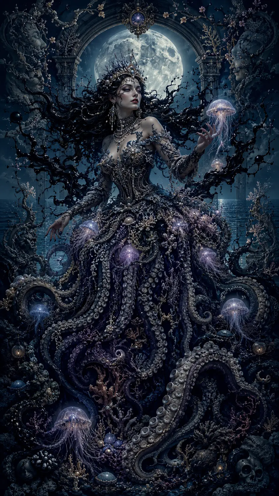 Immortal ocean sorceress in an ink and coral gown