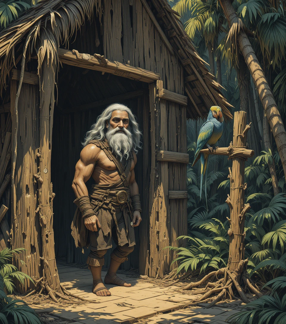 Vieux pirate devant une hutte dans un bosquet de cocotiers ombragé