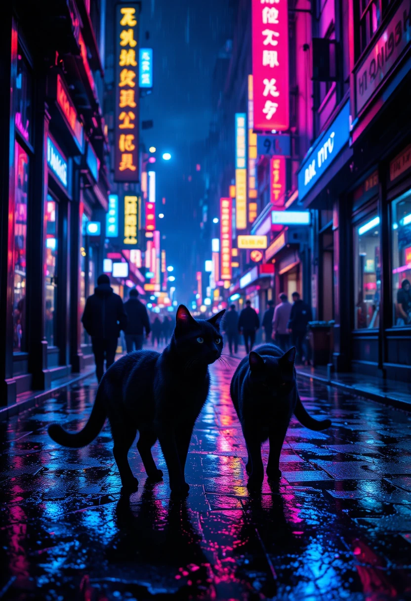 Dois gatos explorando uma rua de cidade chuvosa iluminada por neon à noite
