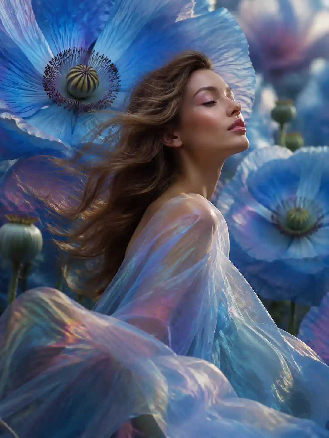 Surreal fashion portrait of woman among blue poppies