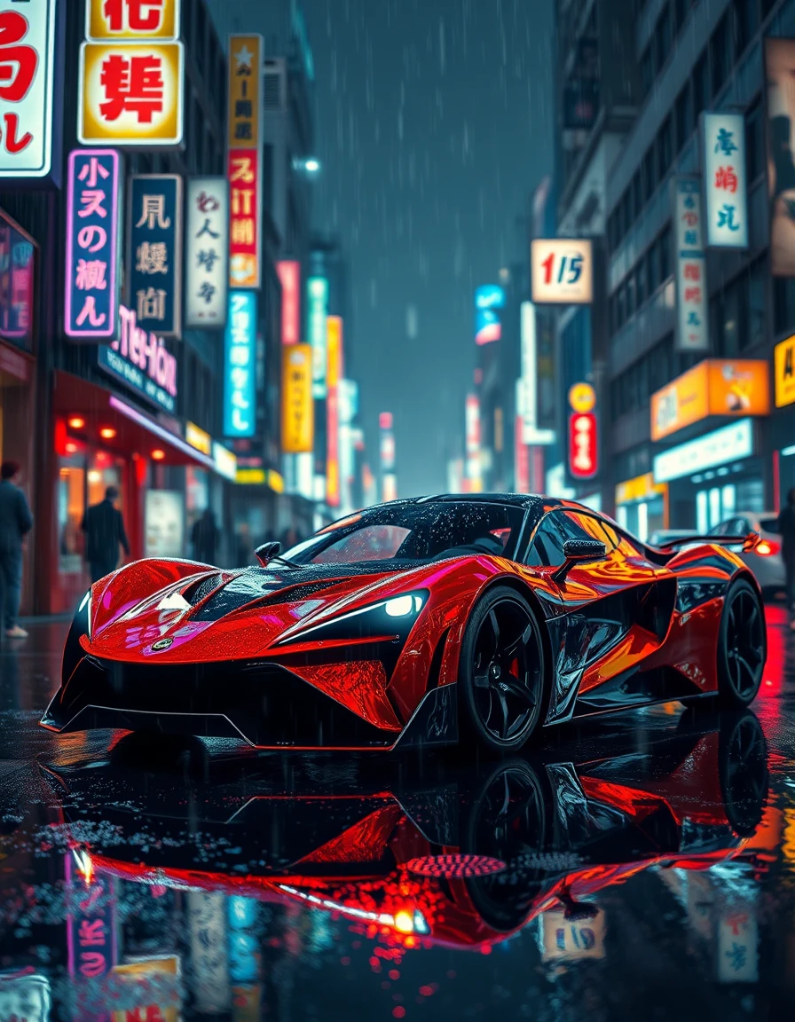 Auto sportiva futuristica in una strada di Tokyo illuminata al neon sotto la pioggia