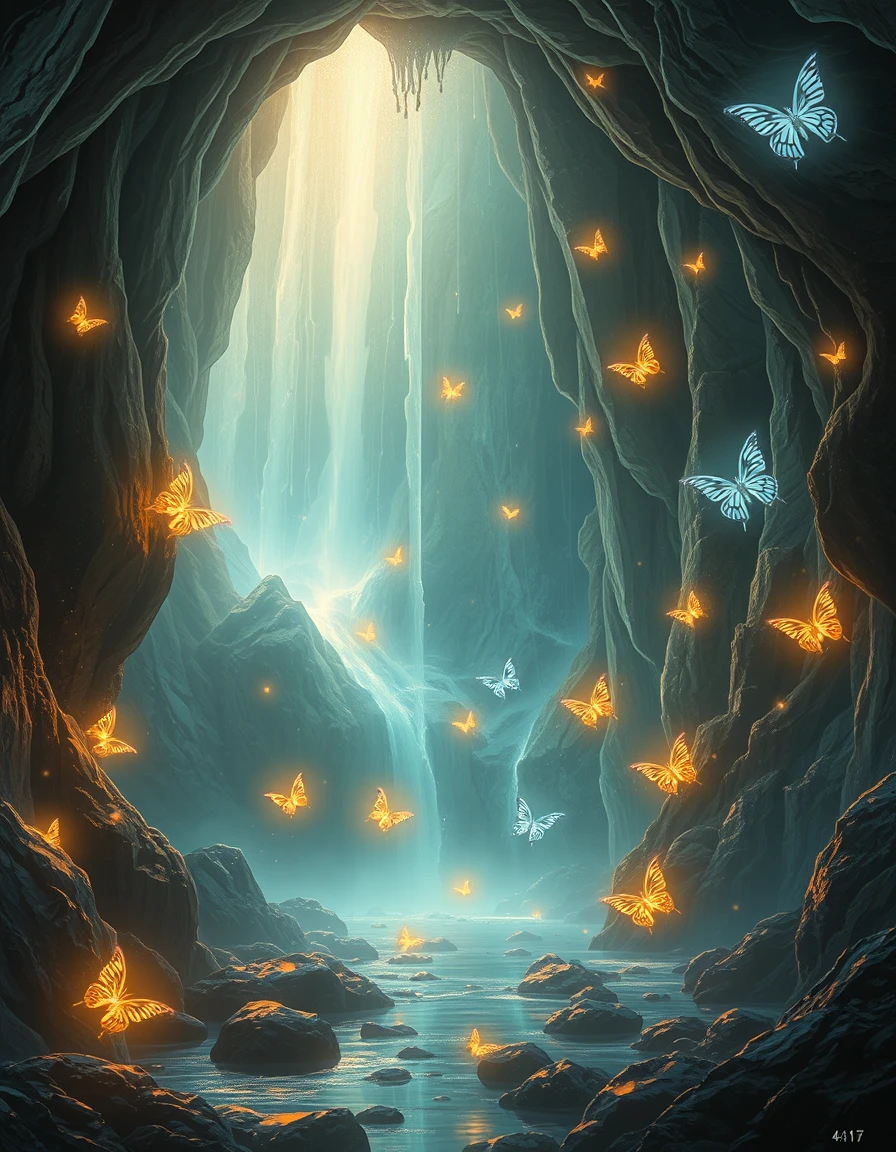 Cascade cachée dans une grotte de cristal avec papillons lumineux