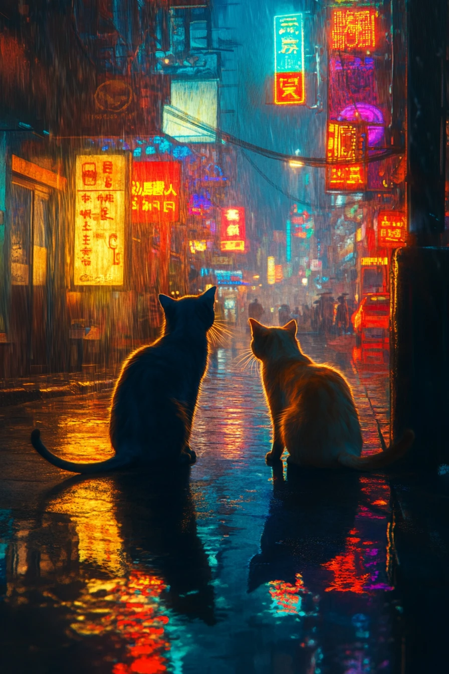 Dois gatos caminhando por uma rua chuvosa iluminada por néons