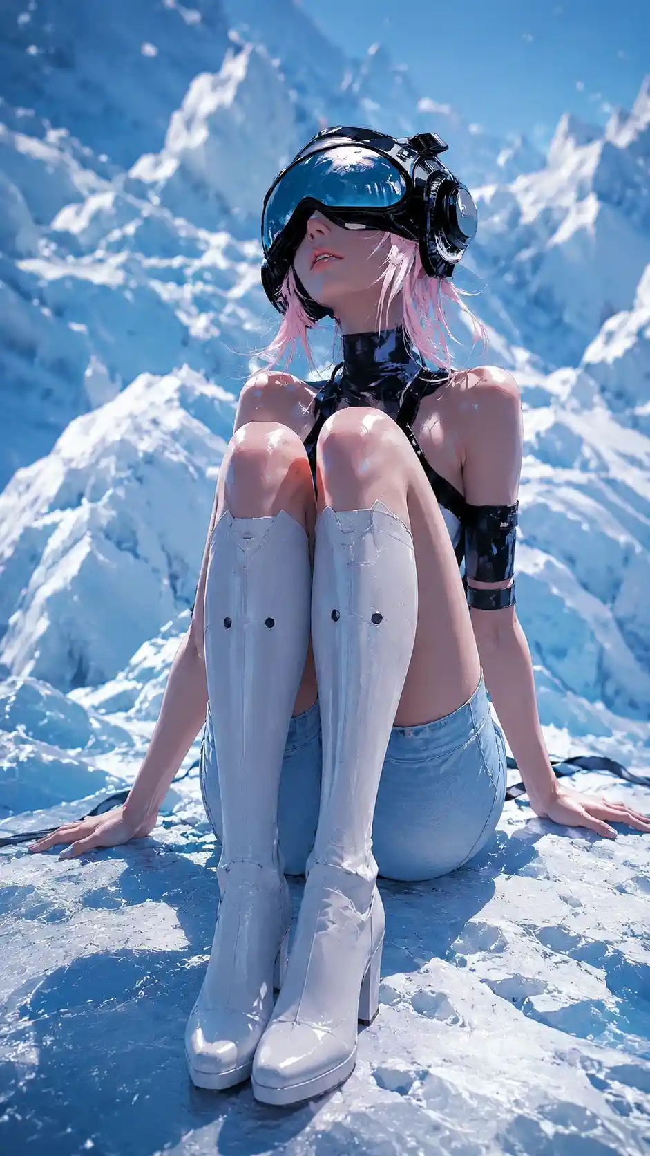 Woman posing on icy glacier with blue shorts