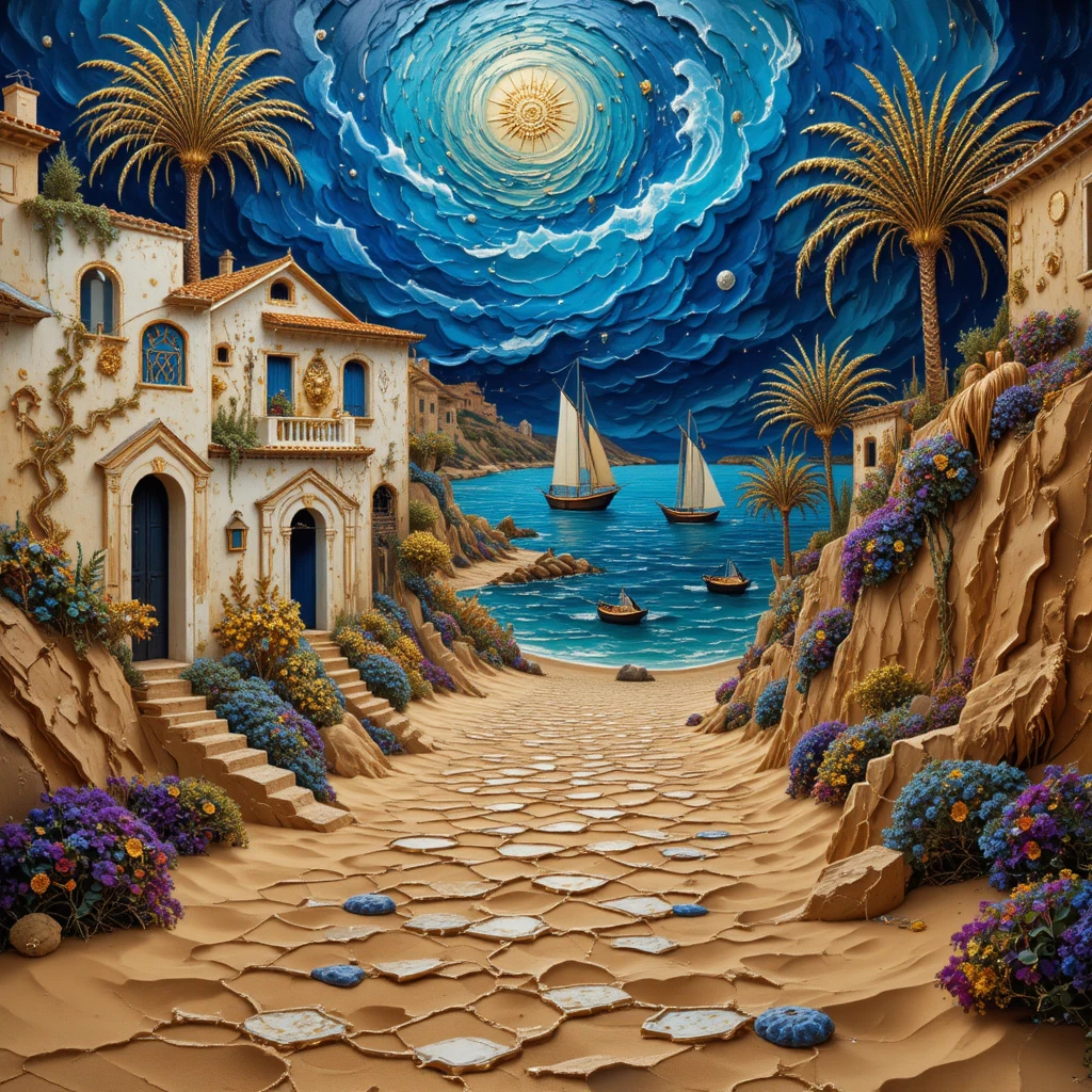 Ruelle méditerranéenne surréaliste de sable cireux menant à la mer