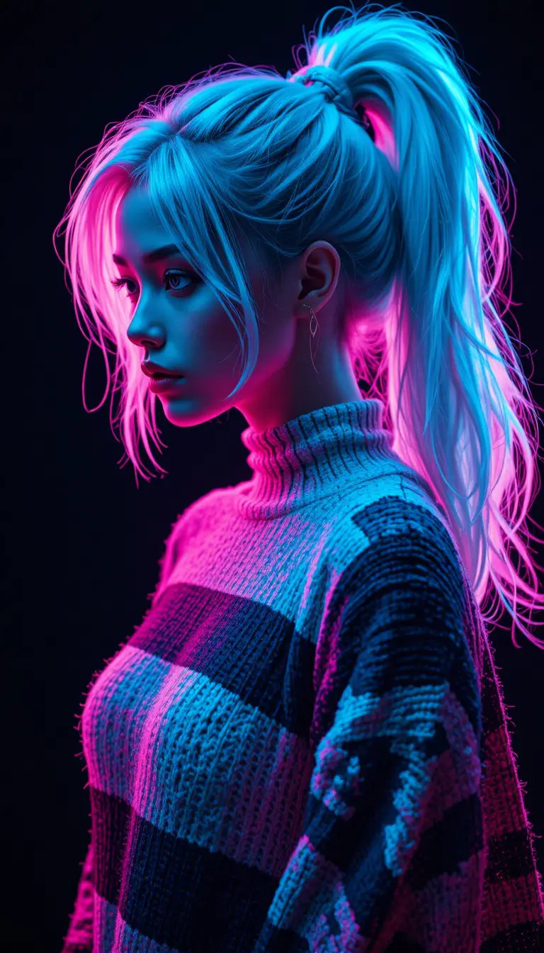 Ritratto con bordo al neon di donna in maglione lavorato a trama