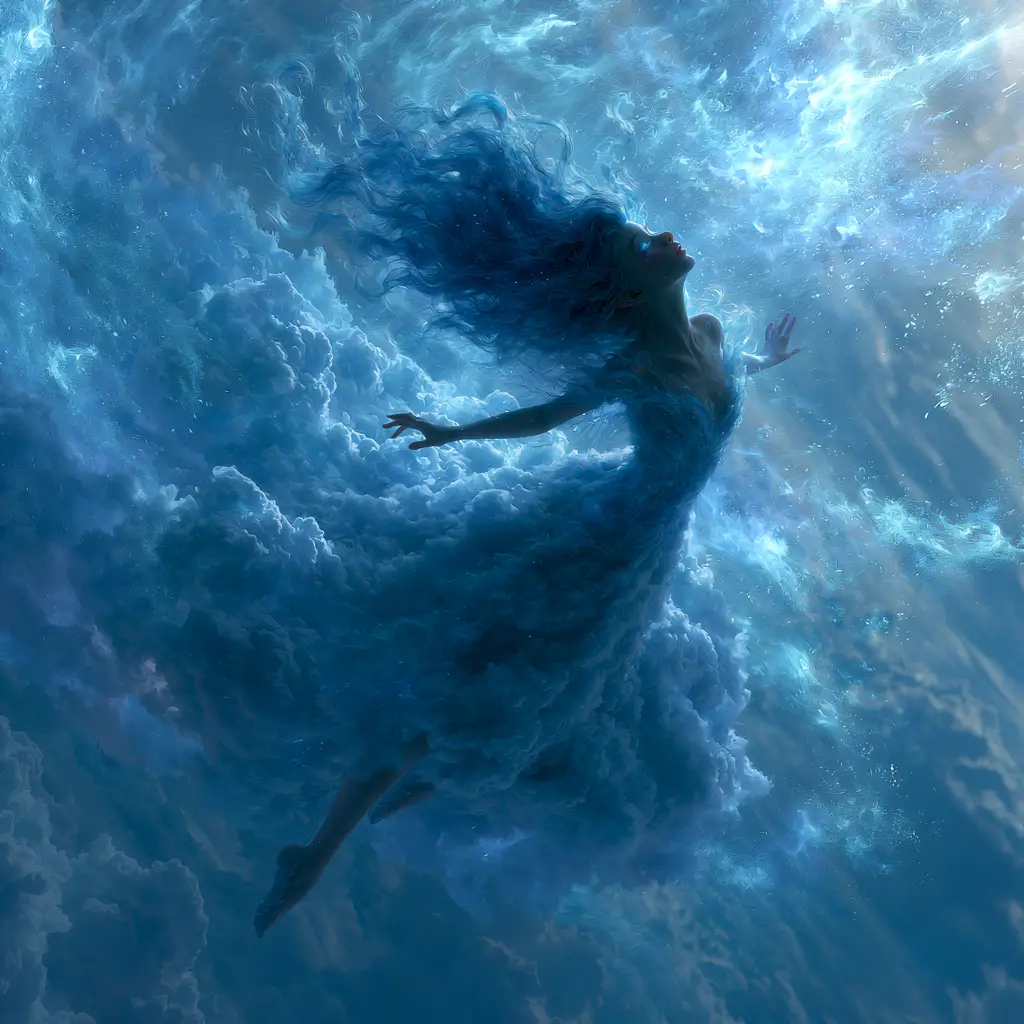 碧い髪の妖精が輝く夢幻の空を舞い上がる