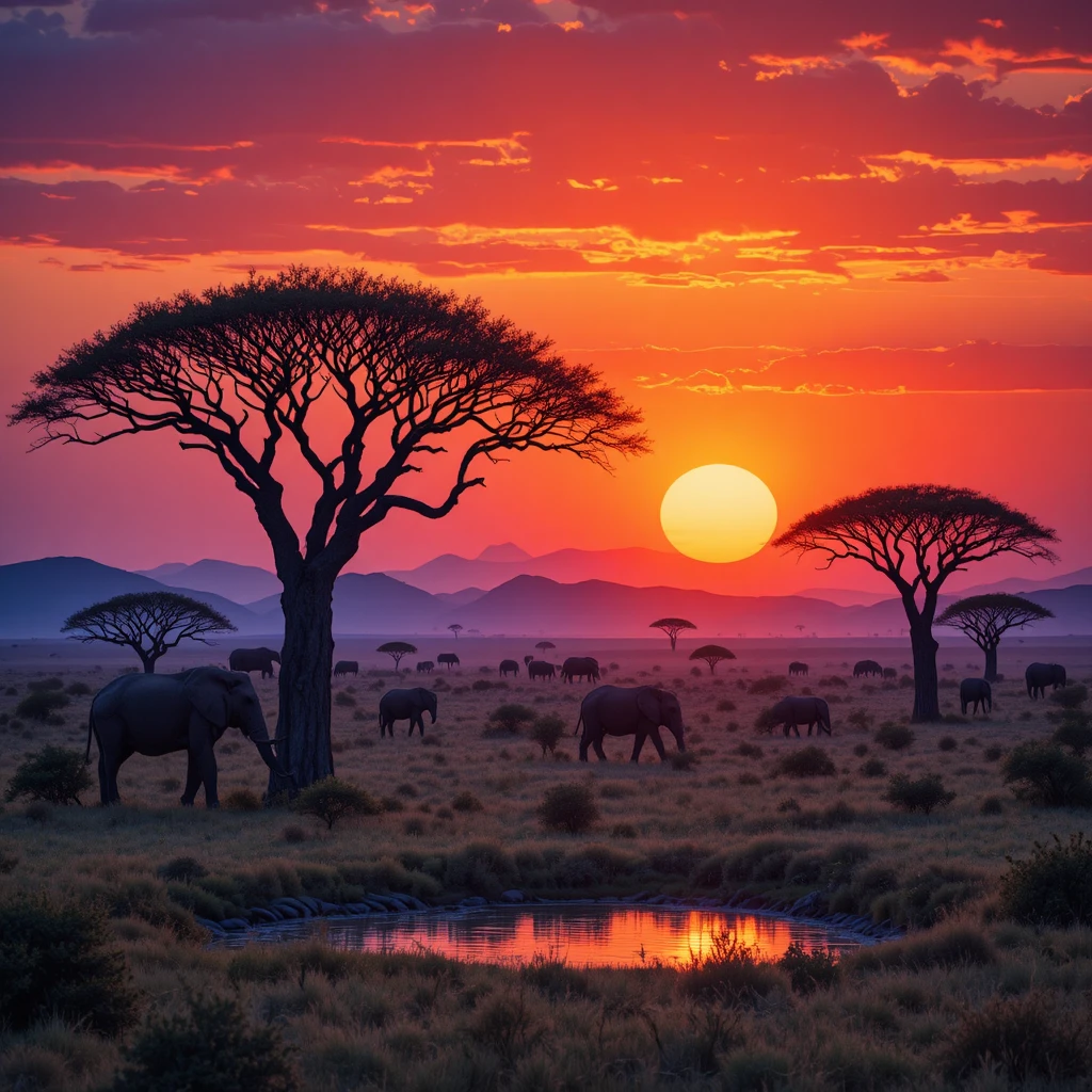 Pôr do sol na savana africana com vida selvagem em torno de um lago tranquilo