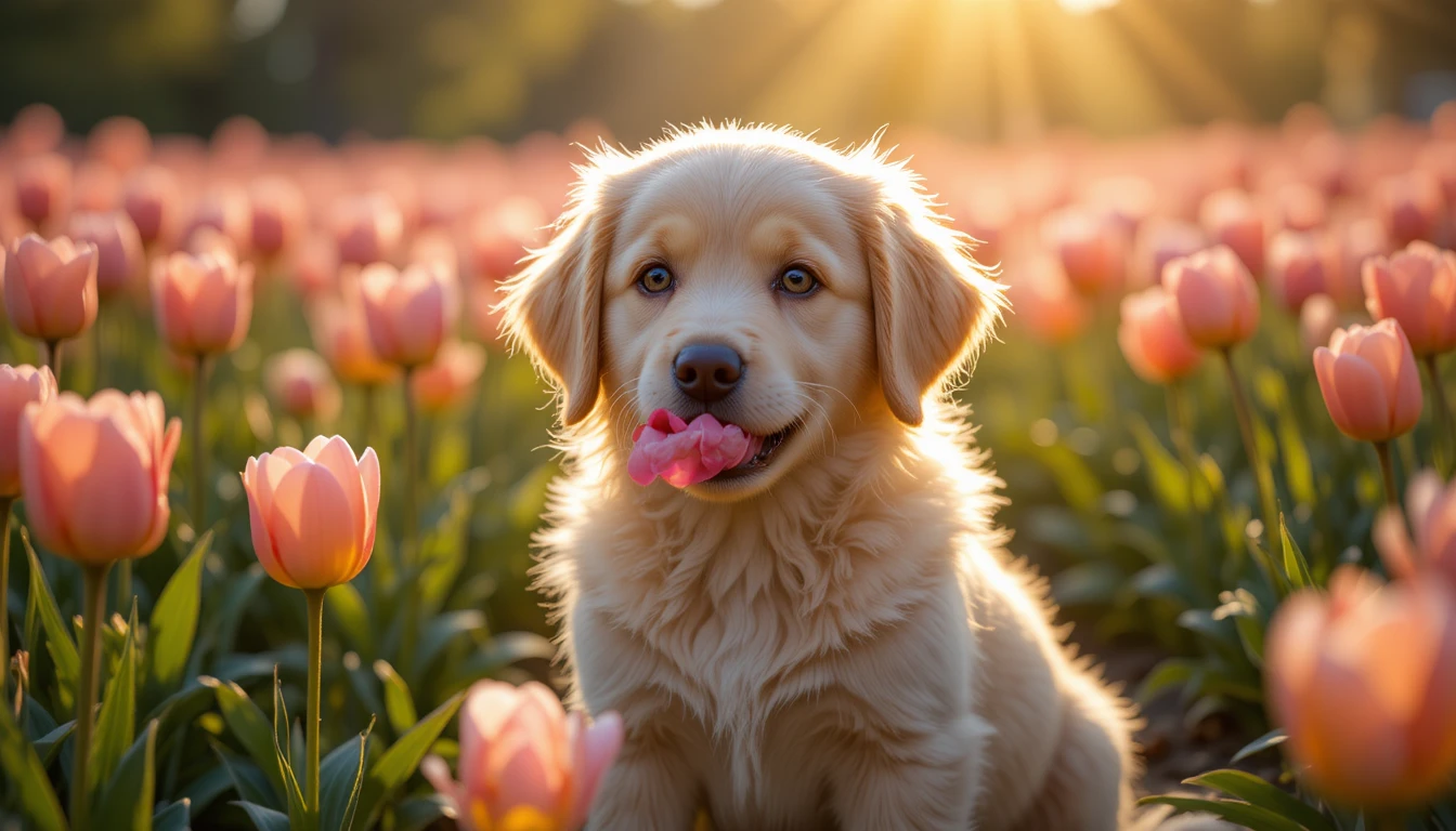 Filhote de golden retriever em campo de tulipas com flor rosa
