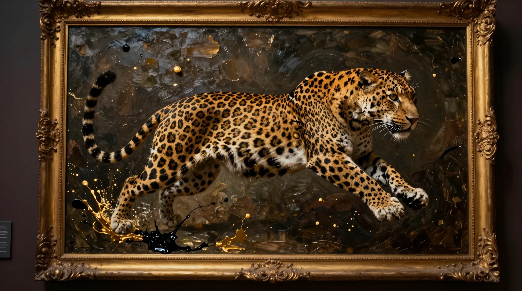 黄金の額縁の美術館絵画から飛び出すシュールなヒョウ