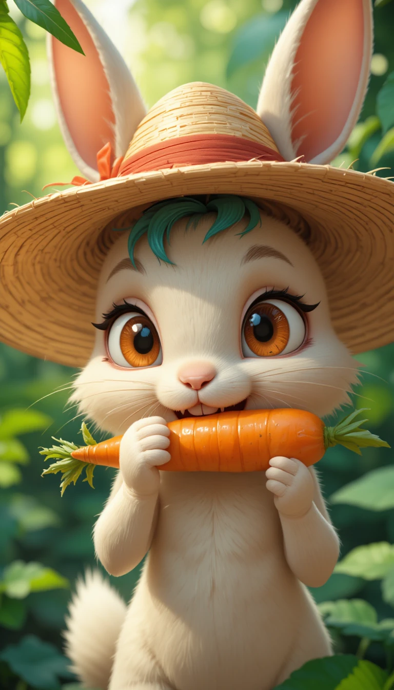 Conejo antropomórfico mordiendo una zanahoria entre hojas tropicales