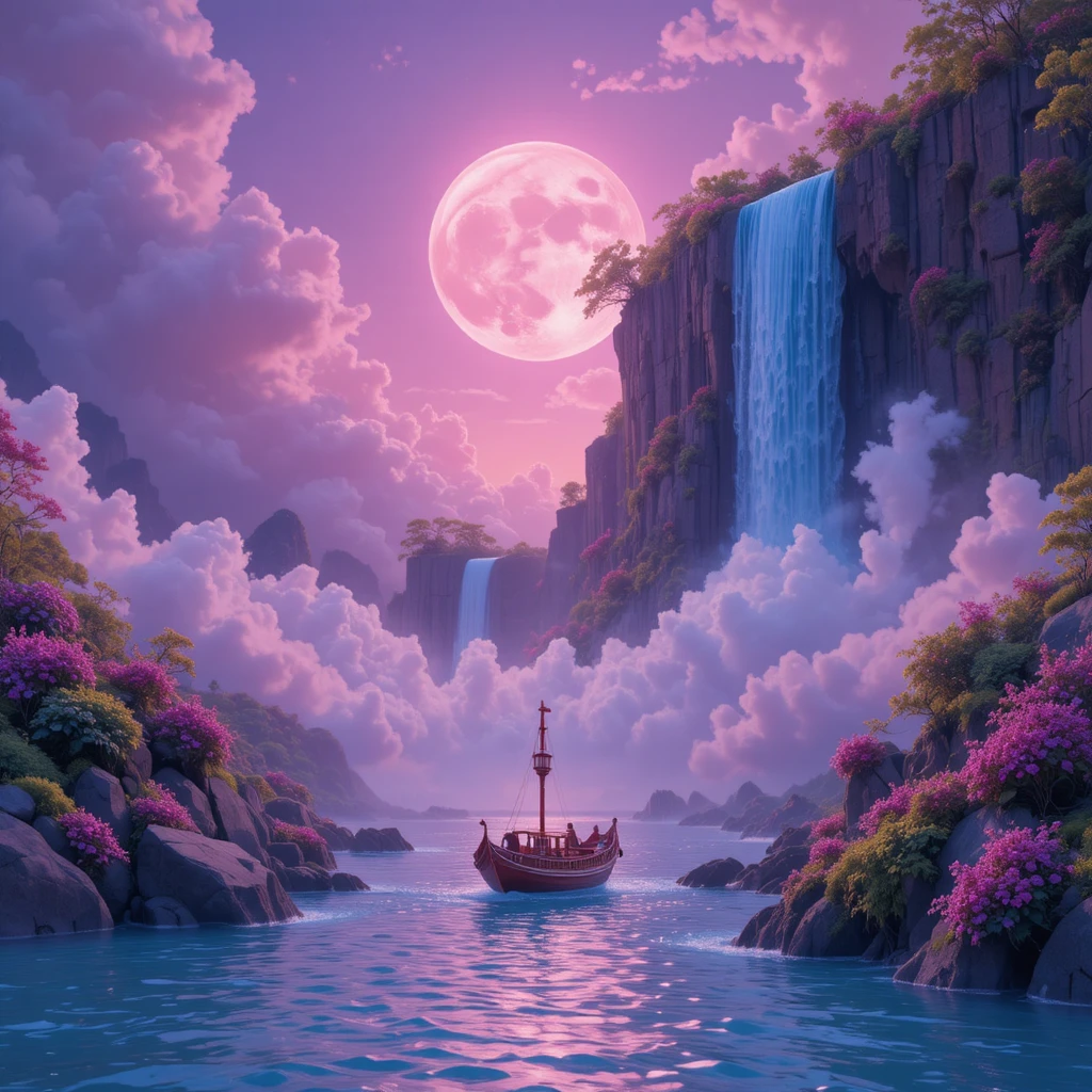 Barca fantasy che solca un cielo oceano rosa surreale