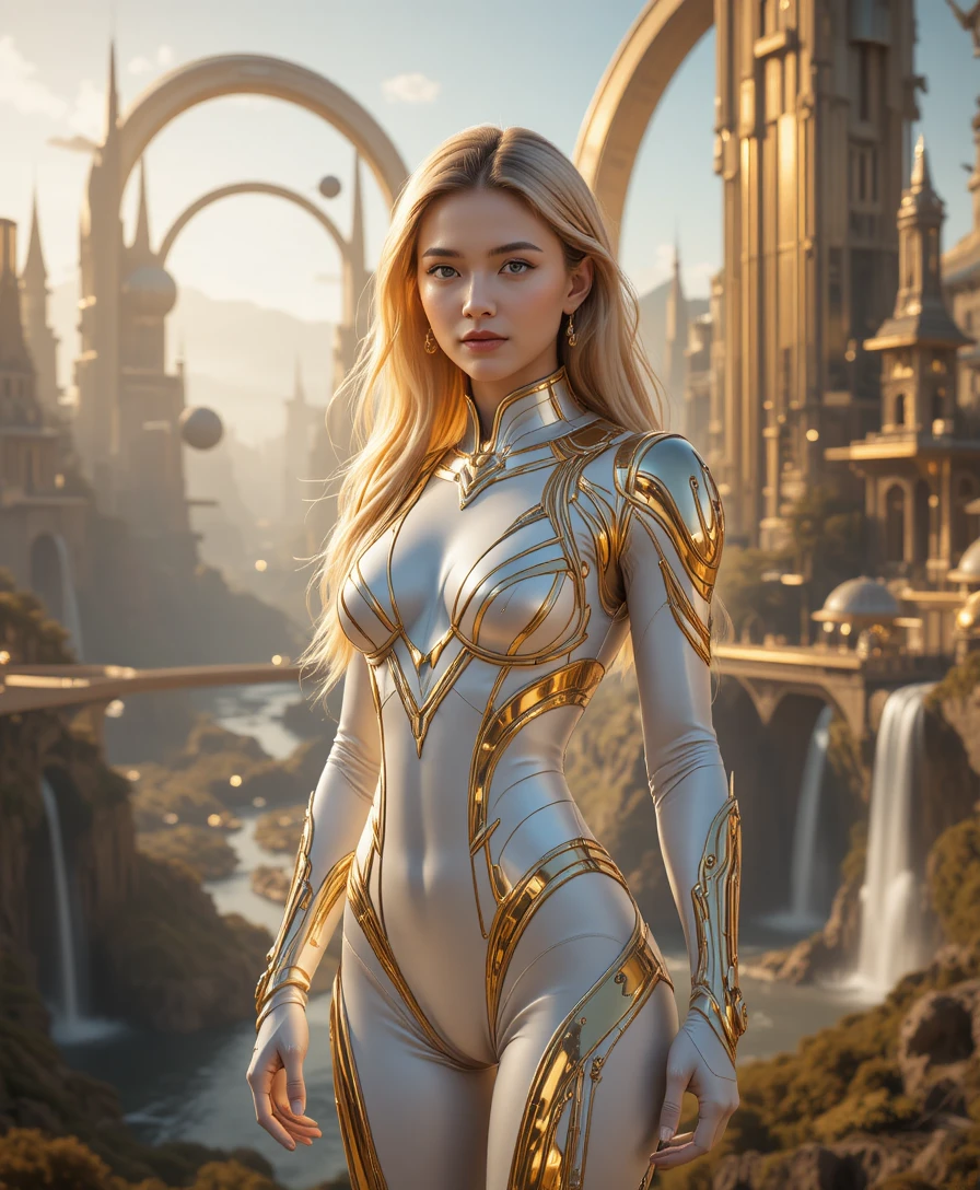 Mulher futurista blindada em um cenário urbano dourado e brilhante