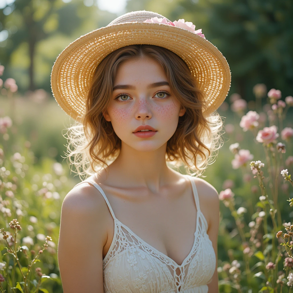 Giovane ragazza lentigginosa con cappello di paglia sotto la luce screziata di primavera