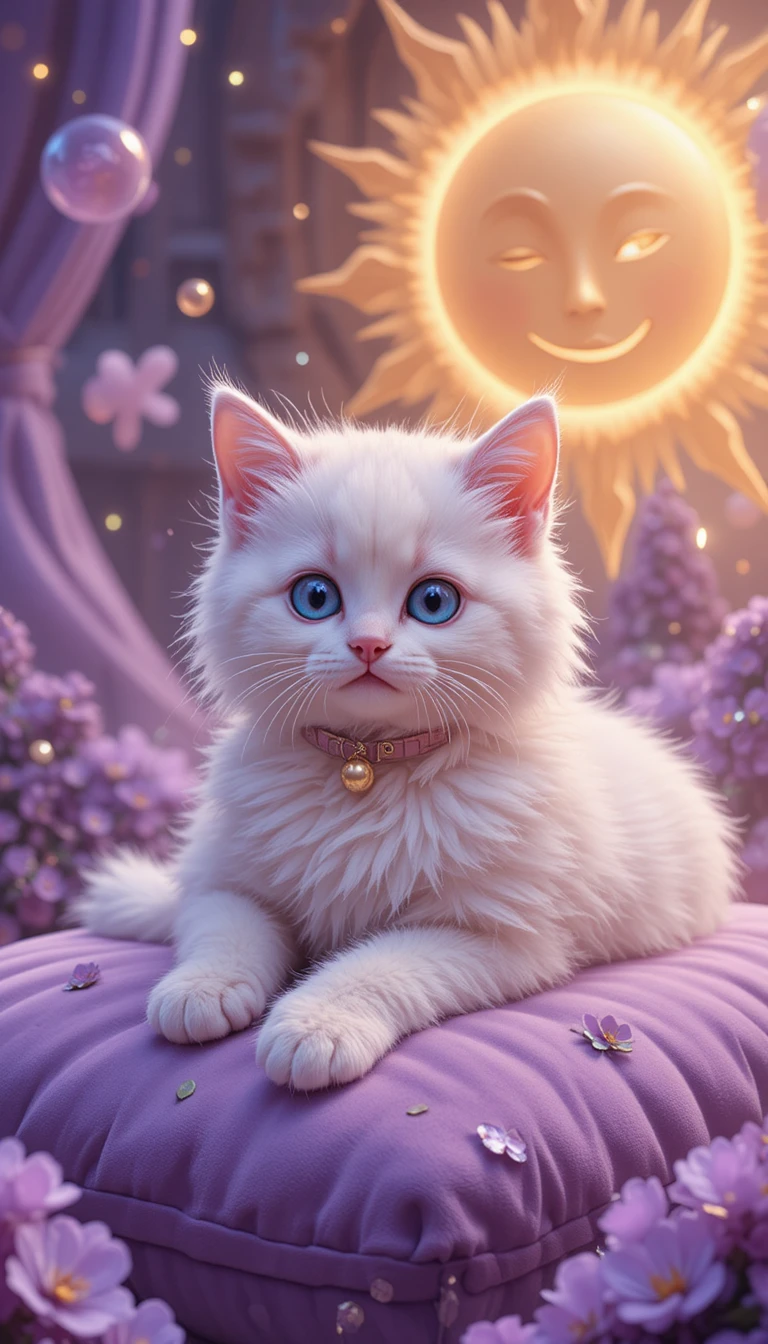 Chaton blanc sur coussin en velours violet dans une scène de fantaisie magique