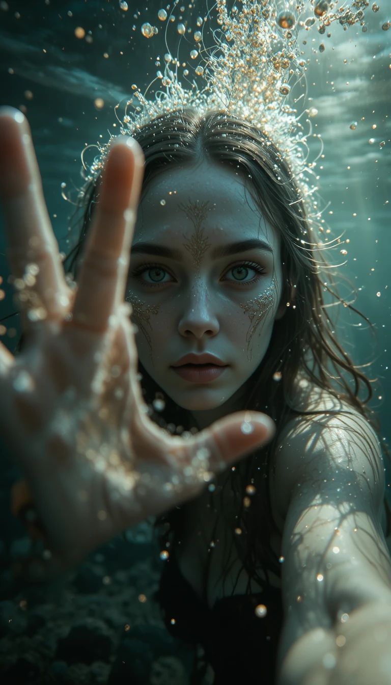 Femme sirène tendant la main vers la caméra sous l’eau