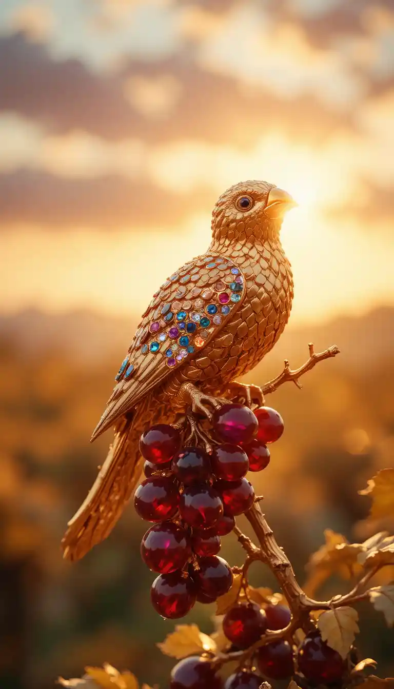 Golden bird jewelry with ruby gemstone grapes on vine