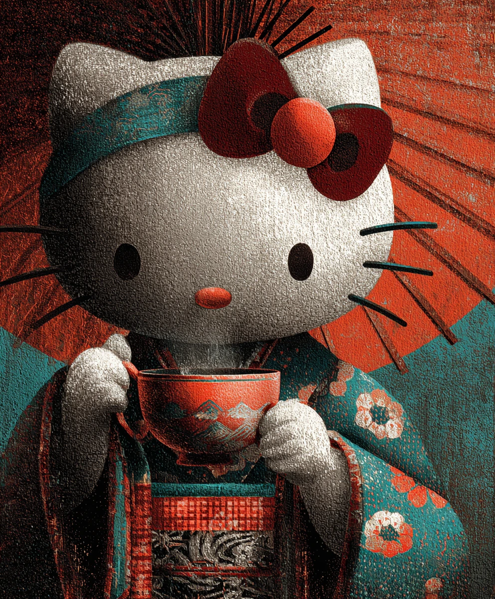 Hello Kitty gueixa tomando café em retrato surreal em close