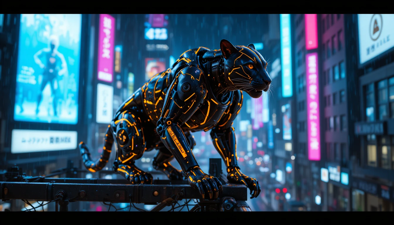 Leopardo cibernético em andaimes neon sobre Tóquio chuvosa