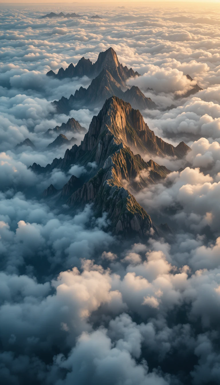 Vista aérea de montanhas surgindo acima de nuvens brancas brilhantes